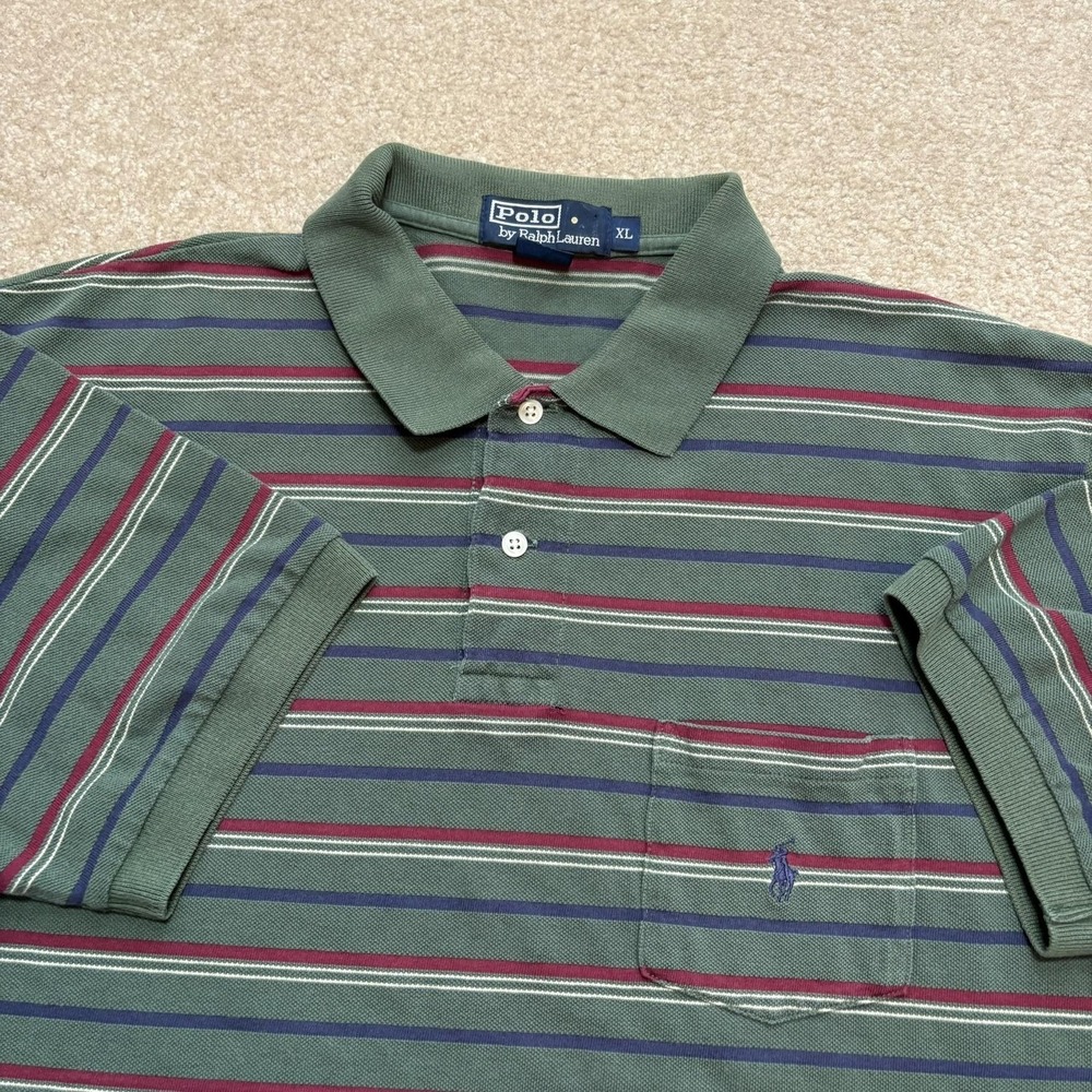 Vtg Polo Ralph Lauren Polo Shirt Mens‎ XL Green Striped Pocket Cotton Pony Logo